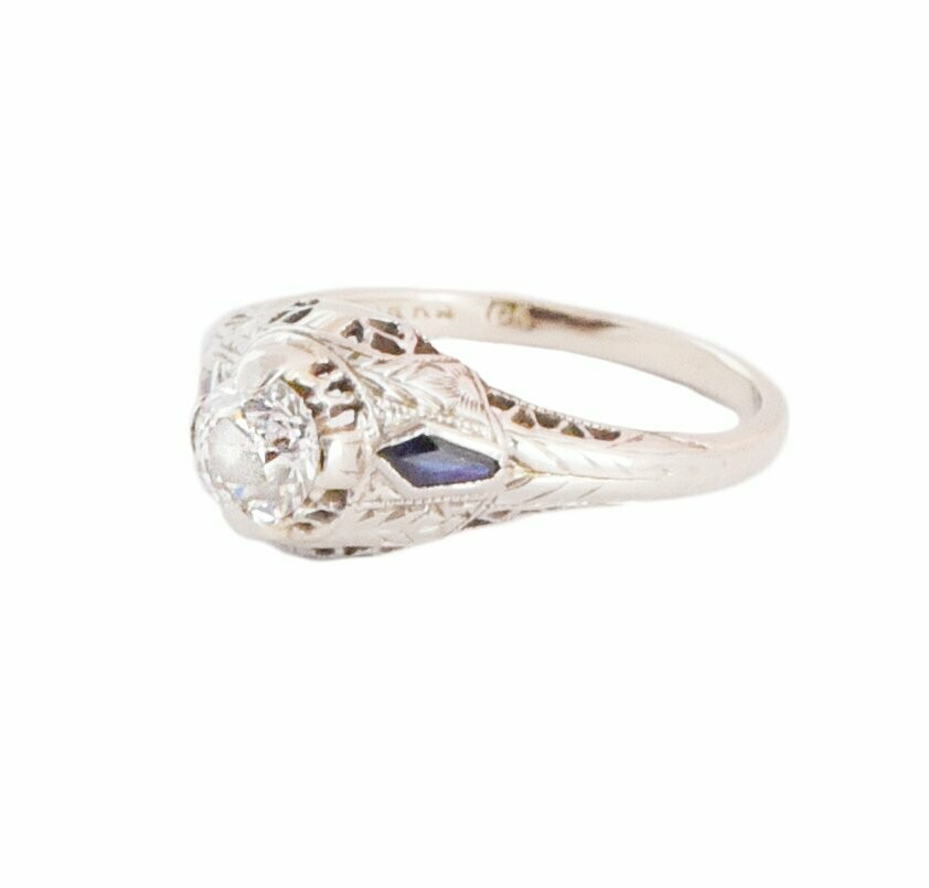 Birks Art Deco 18kt White Gold Diamond and Sapphire Ring.