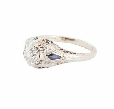 Birks Art Deco 18kt White Gold Diamond and Sapphire Ring.