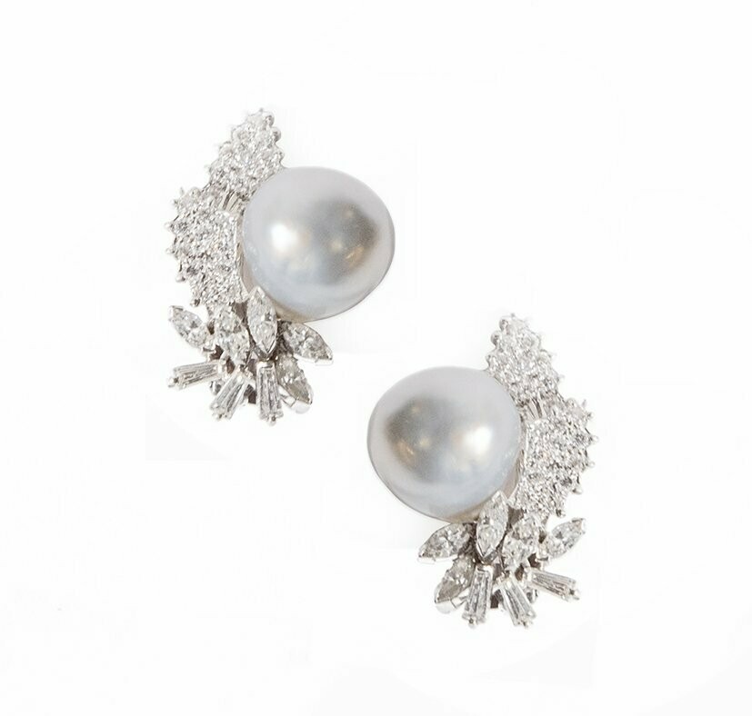 South Sea Pearl Diamond and Platinum Ear Clips.