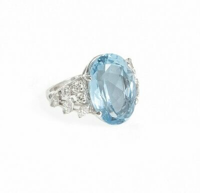 Aquamarine, Diamond and Platinum Ring.