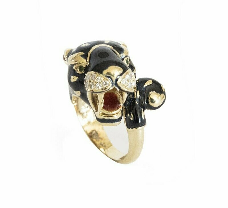 Enameled Panther Ring set in 14kt. with Diamonds and Emerald. Enameled Panther Ring set in 14kt. with Diamonds and Emerald.