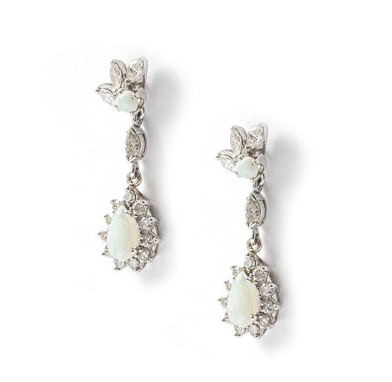 Delightful  Vintage 14 kt. White Gold Diamond and Opal Earrings