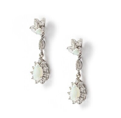Delightful Vintage 14 kt. White Gold Diamond and Opal Earrings