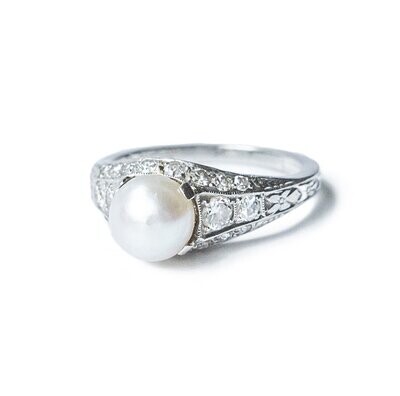 Art Deco Platinum Diamond and Pearl Ring.