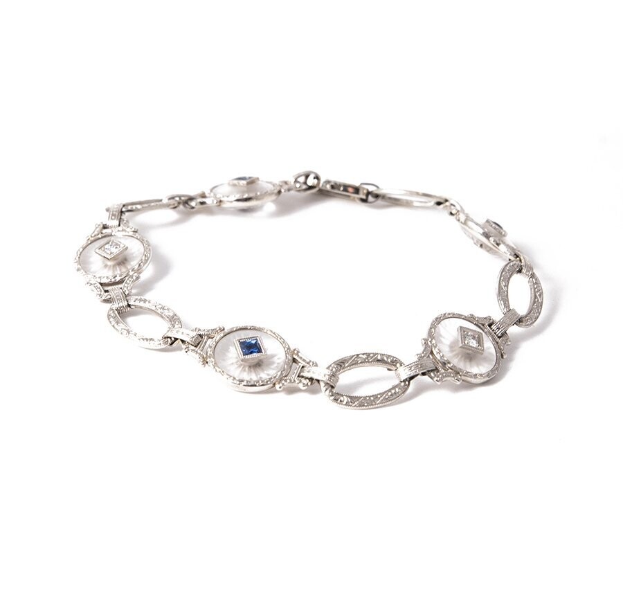 Art Deco Rock Crystal Sapphire Diamond and White Gold Bracelet.