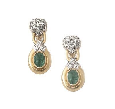 18K Yellow and White Gold Diamond Emerald Earrings