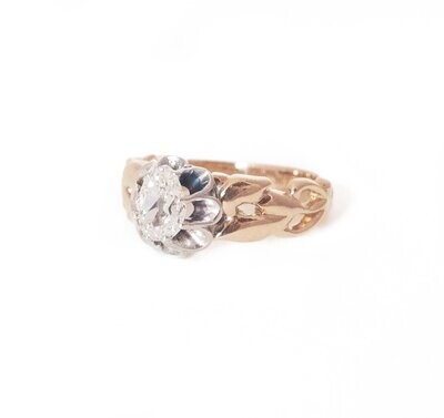 Antique Ring .65 Old Pear Cut Diamond Silver & Pink Gold.