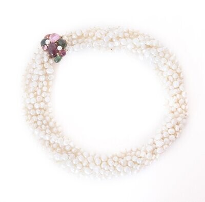 Delightful Cultured Pearl, Tourmaline and Gold necklace.