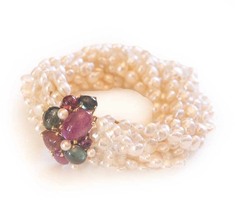 Keshi Pearl Tourmaline and Gold Bracelet.