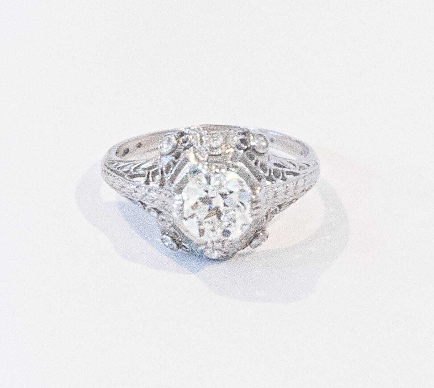 Art Deco Platinum Old European Cut Diamond Ring 1.29. H-I, VVS.