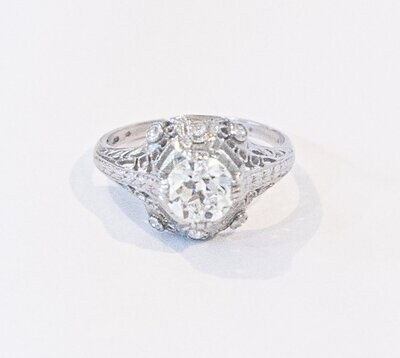 Art Deco Platinum Old European Cut Diamond Ring 1.29. H-I, VVS.