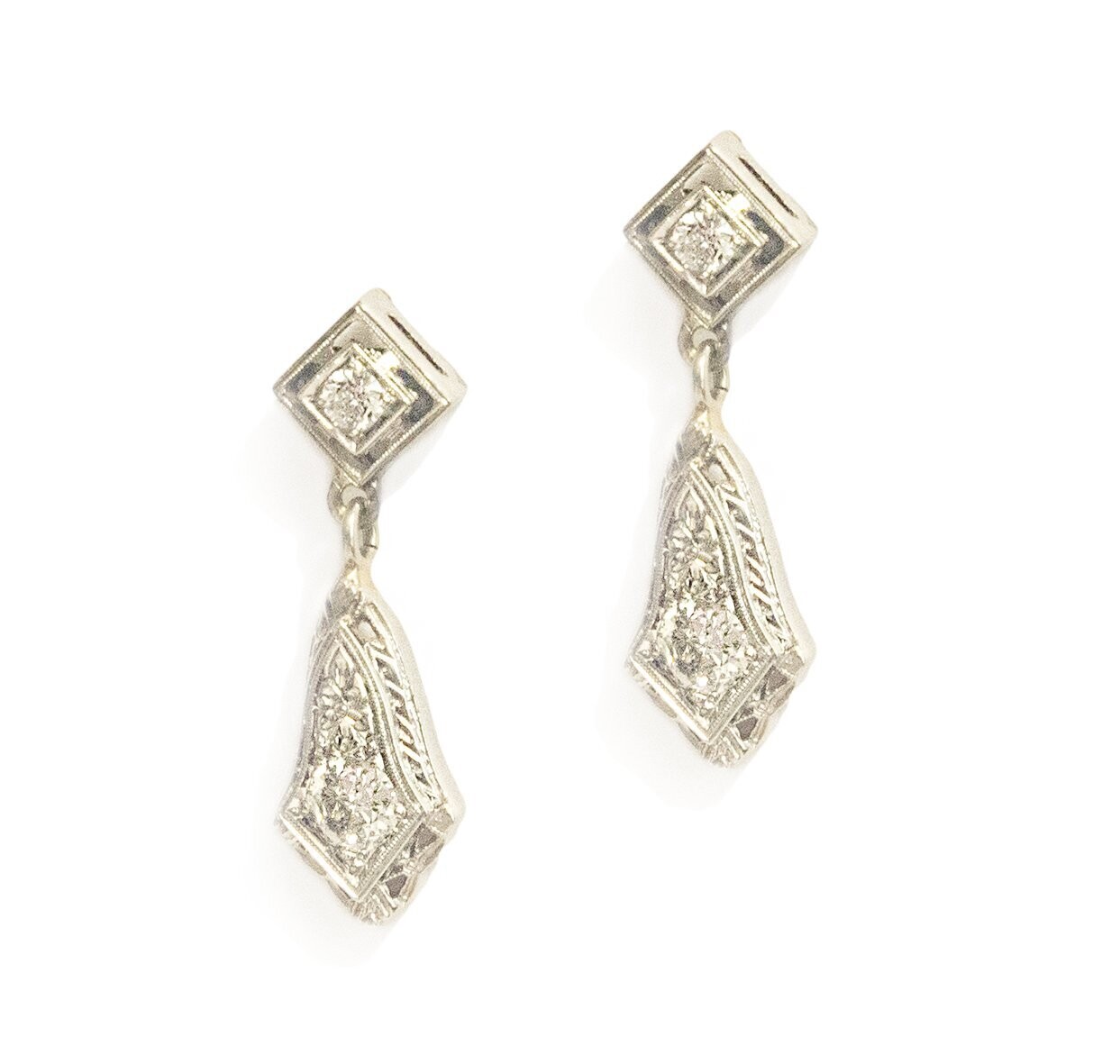 Vintage Custom Made White Gold Diamond Earrings