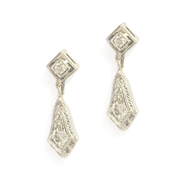 Vintage Custom Made  White Gold Diamond Earrings