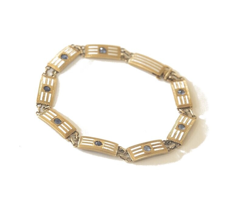 Art Deco 14kt Enamel Sapphire Link Bracelet. Art Deco 14kt Enamel Sapphire Link Bracelet.
