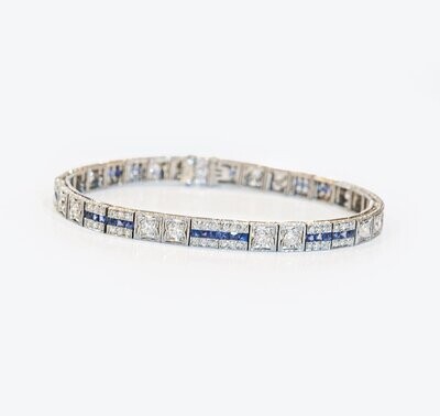 Art Deco Platinum Diamond and Sapphire Custom made Bracelet.
