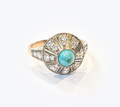 Stunning Russian Rose Gold and Platinum Diamond Turquoise Ring.