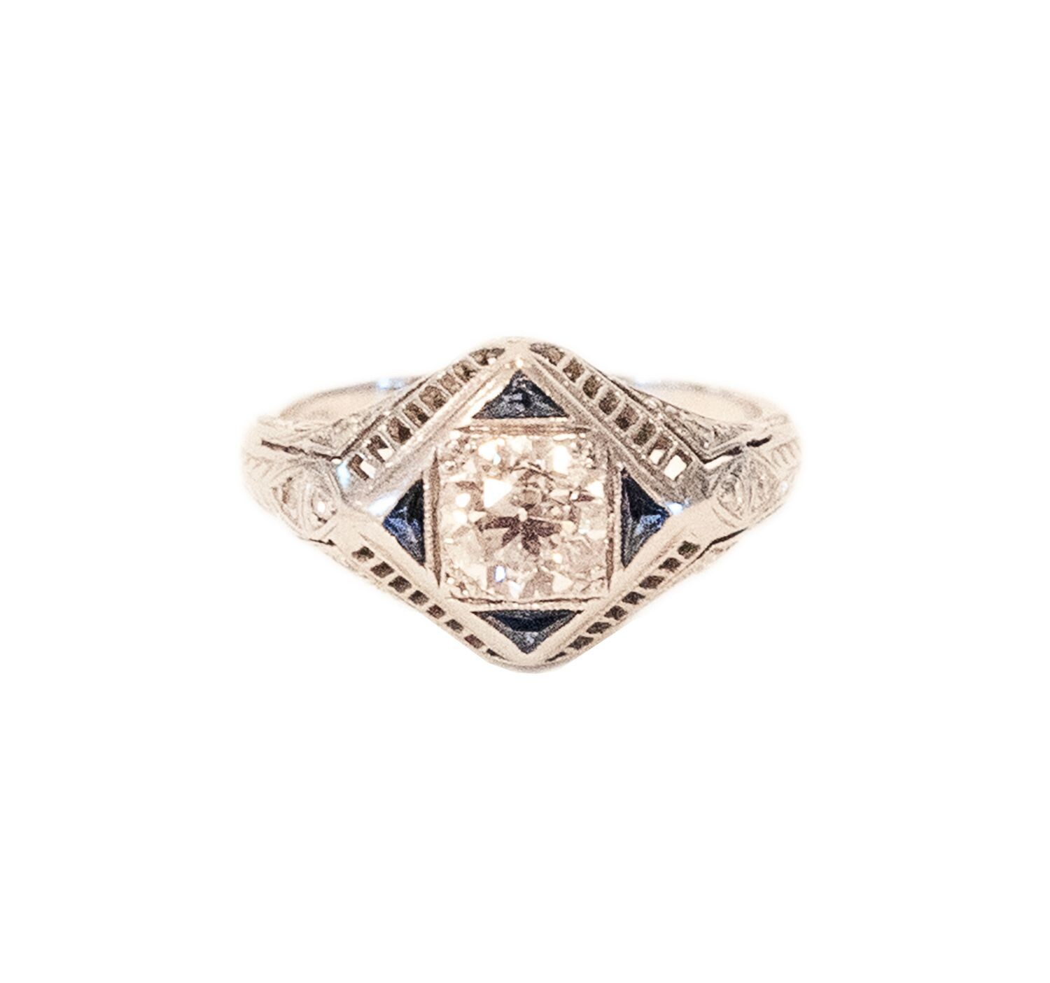 Original Art Deco Platinum Diamond and Sapphire Ring.