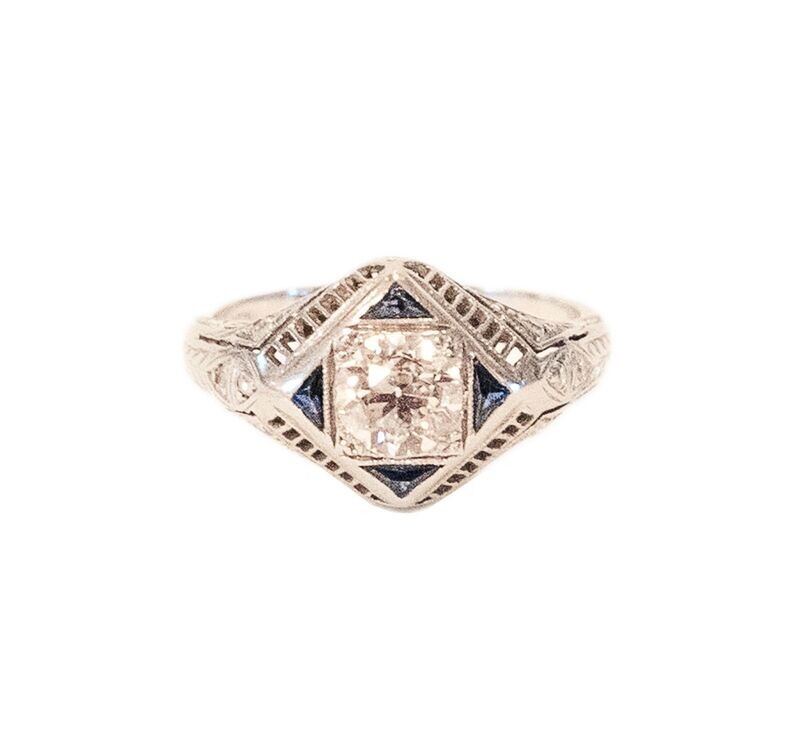 Original Art Deco Platinum Diamond and Sapphire Ring.