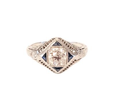 Original Art Deco Platinum Diamond and Sapphire Ring.