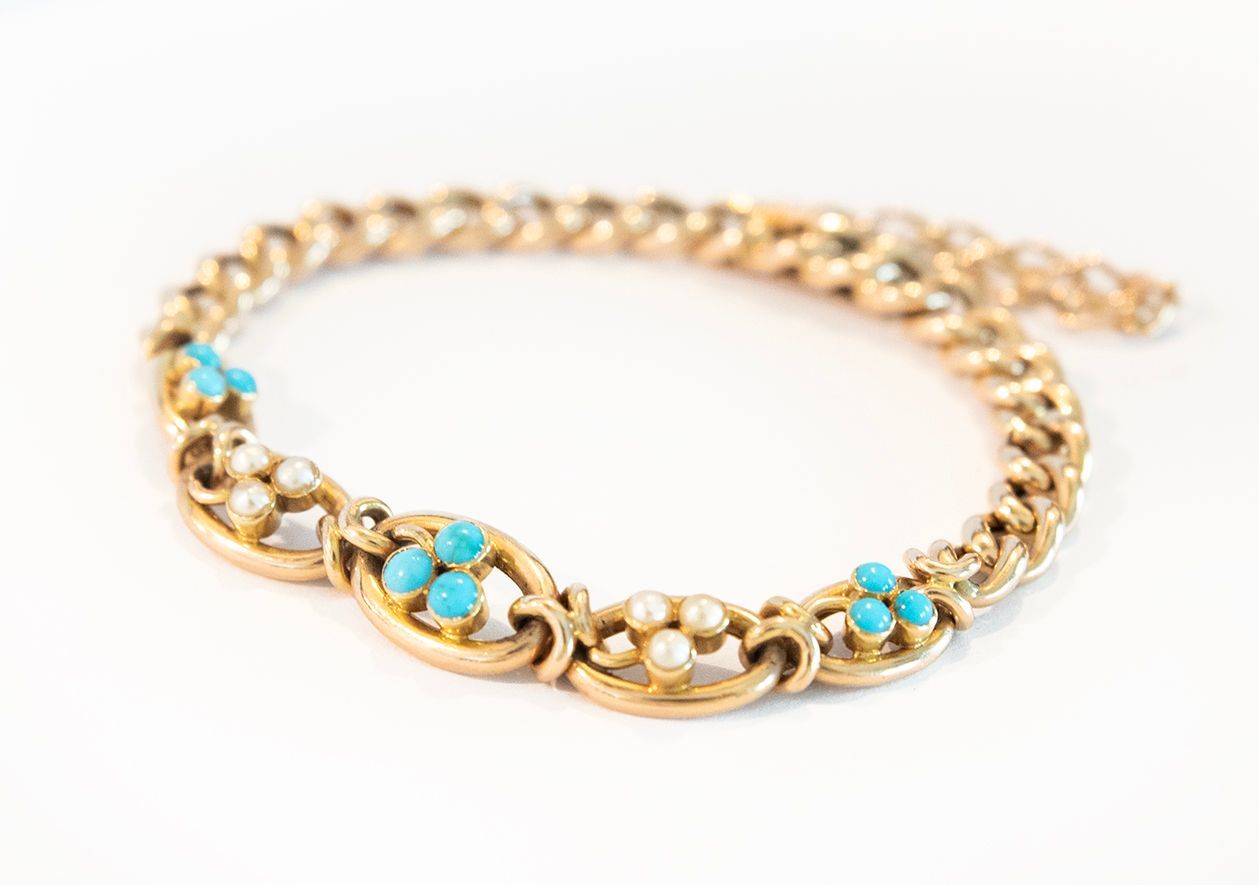 Edwardian 14kt gold bracelet with turquoise and pearls.