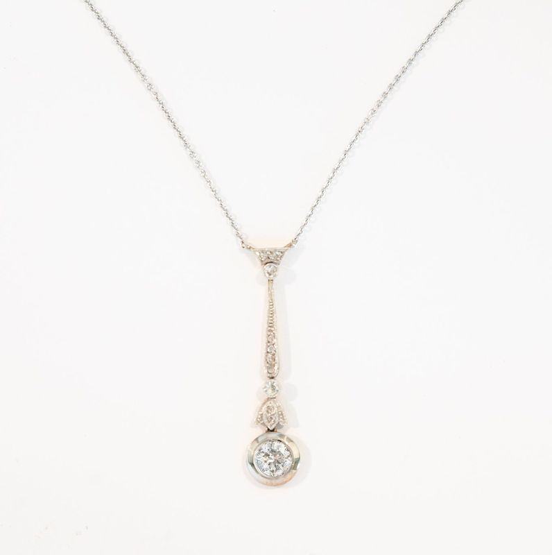 Art Deco Platinum and 18kt Yellow Gold Drop Necklace.