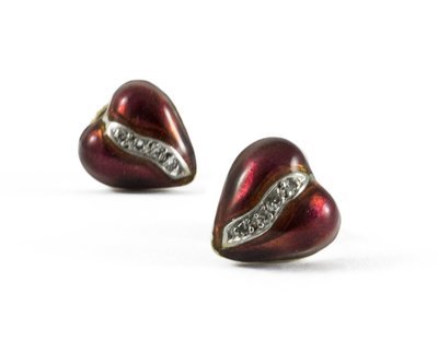 14KT Yellow Gold Diamond and Enamel Heart Stud Earrings