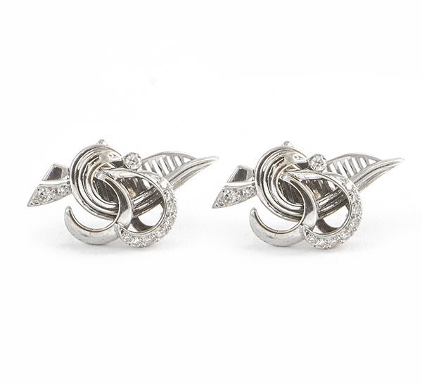 Custom Made Retro Platinum and Diamond Earrings Custom Made Retro Platinum and Diamond Earrings