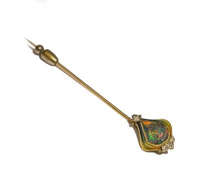 Exceptional Original Art Nouveau Enamel Black Opal and Diamond Stick Pin