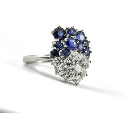 Modernist Custom Made Platinum Diamond and Sapphire Ring