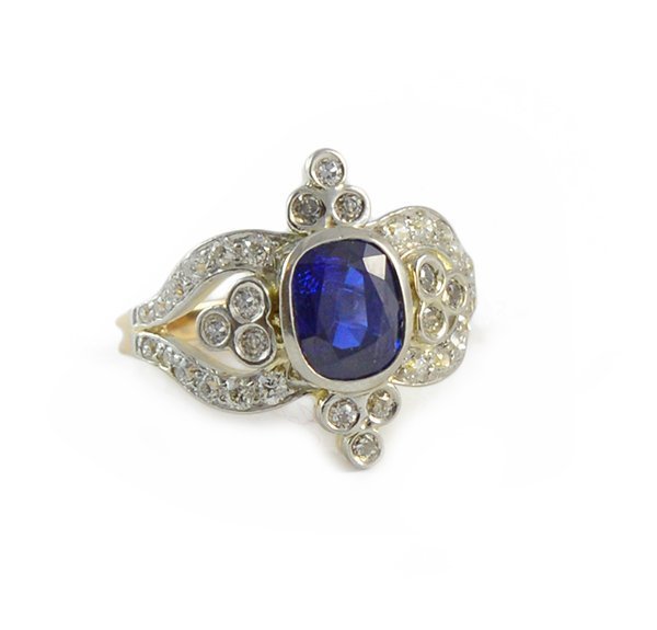 Ryrie Diamond Sapphire Platinum and Gold Ring Ryrie Diamond Sapphire Platinum and Gold Ring