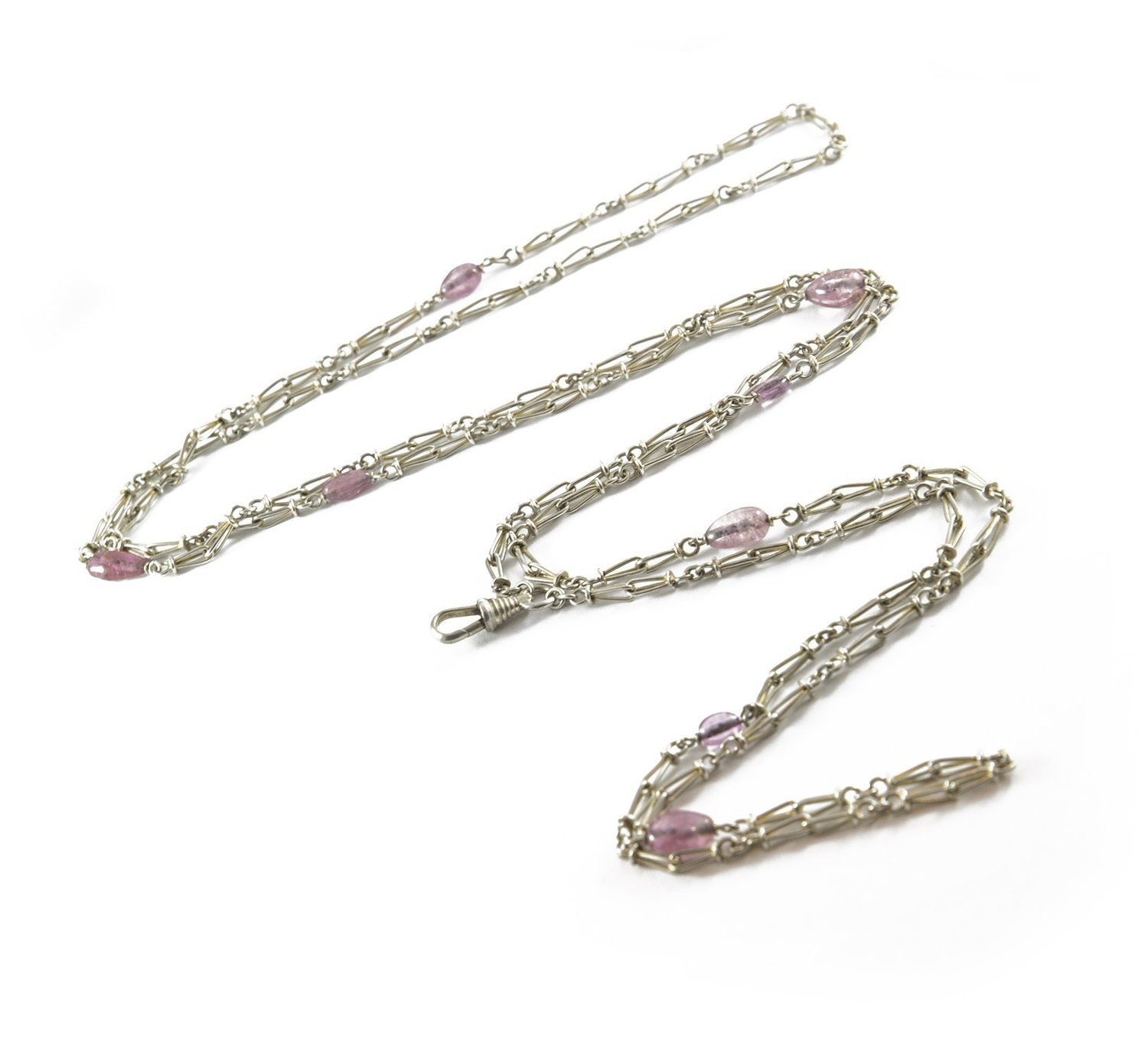 Sterling Silver Hand Made Vintage Watch Chain With Pink Tourmaline Beads