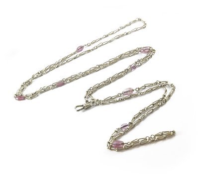 Sterling Silver Hand Made Vintage Watch Chain With Pink Tourmaline Beads