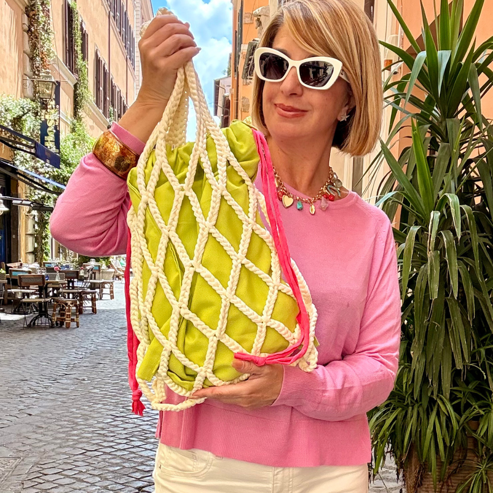 Borsa Crochet a rete panna e verde - Grande Borsa Crochet a rete panna e verde - Grande