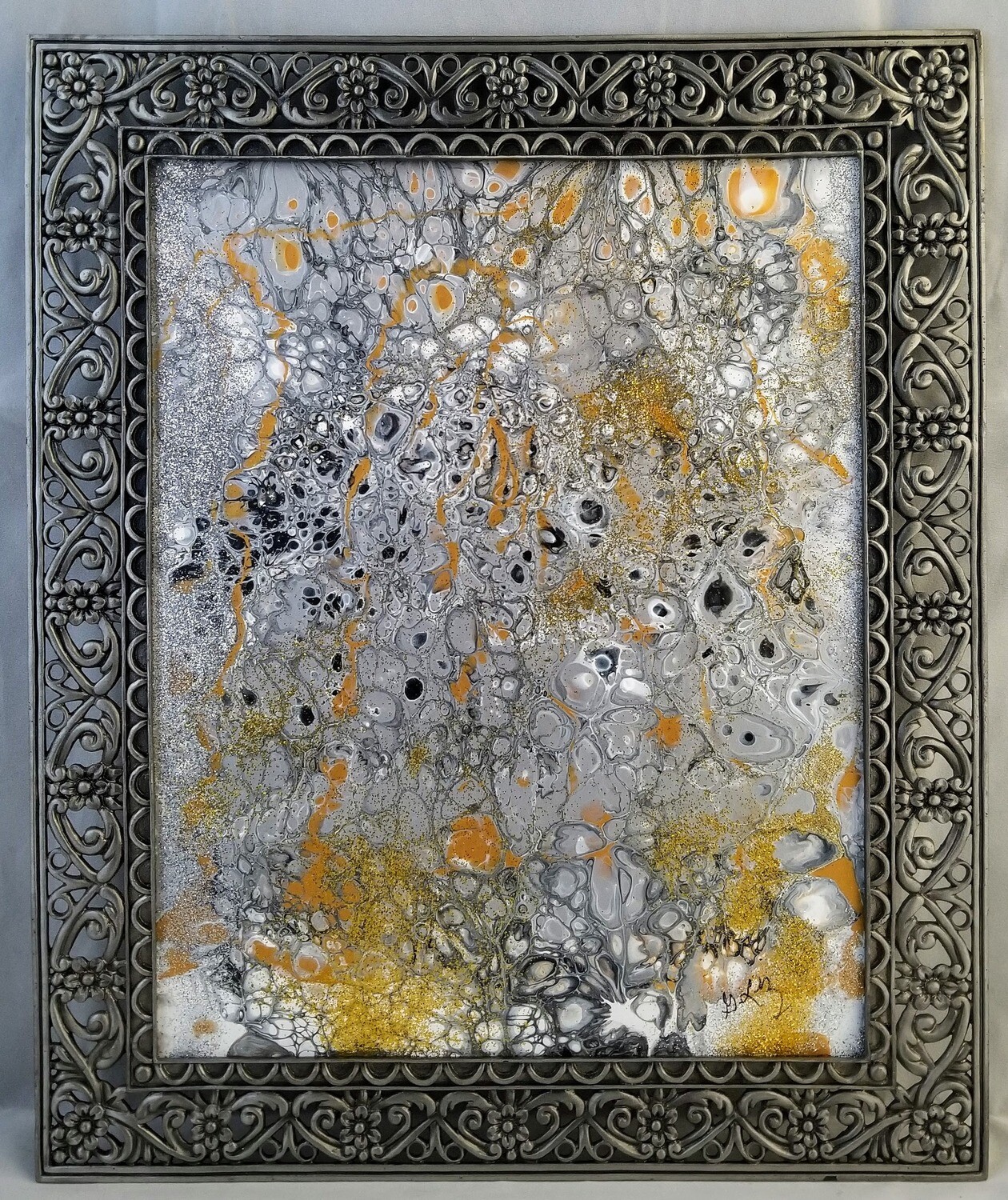 11X13 FRAMED ABSTRACT ON RECYCLED  GLASS