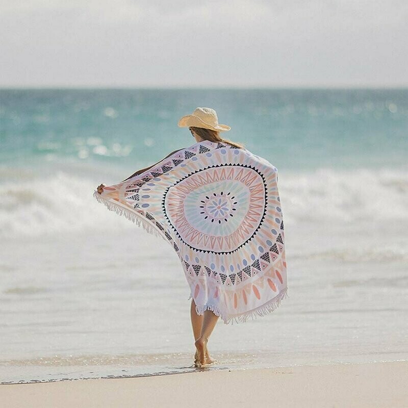 Printed Round Beach Towel | 150cm Fringed | Tulum Sorbet