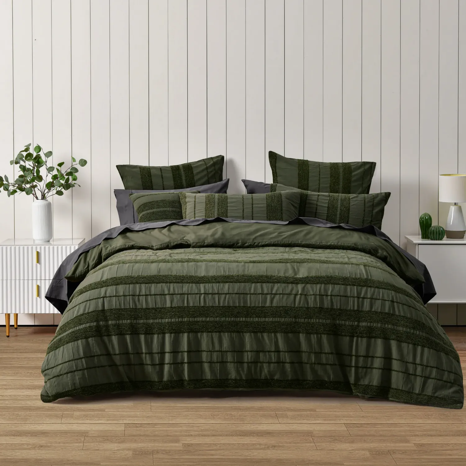Bianca Avery Forest Green Quilt Cover Set – Chenille Stripe: King Bianca Avery Forest Green Quilt Cover Set – Chenille Stripe: King