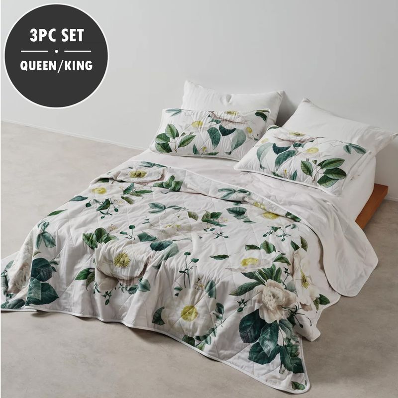 Linen House Loretta Coverlet Queen King Floral Cotton Sateen Quilt Bedspread