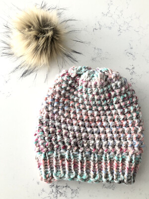 Youth Popcorn Toque w/ Snap On|Off Natural Faux Pom - Carousel