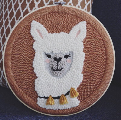 Llama Punch Needle Artwork On 12 Inch Embroidery Hoop w/ Border