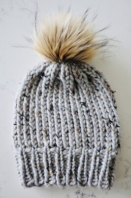 Youth Beanie | Toque w/ Faux Natural Snap On|Off Pom - Grey Marble