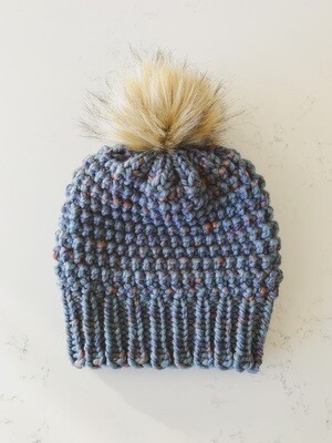 Popcorn Beanie | Toque w/ Snap On|Off Natural Faux Pom - Azure Allure