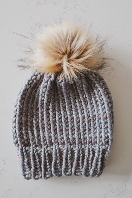 Youth Beanie | Toque w/ Faux Natural Sewn On Pom - Storm Front