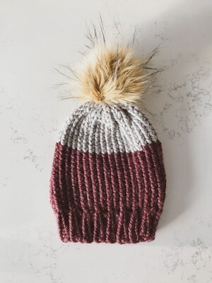 Youth Two-Tone Beanie | Toque w/ Faux Natural Sewn On Pom - Fig + Pewter Grey