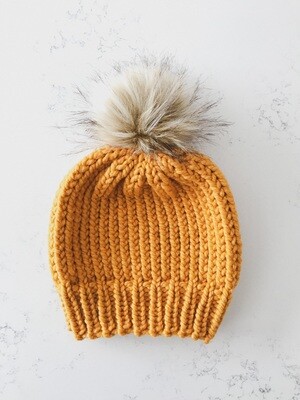 Beanie | Toque w/ Snap On|Off Honey Faux Pom - Mustard