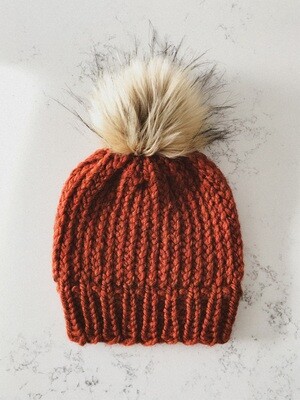 Youth Beanie | Toque w/ Faux Natural Sewn On Pom - Spice