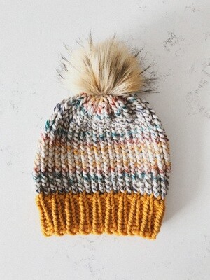 Beanie | Toque w/ Snap On|Off Natural Faux Pom - Hudson's Bay & Mustard