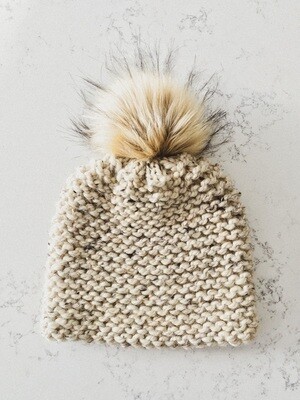 Youth Cloche Toque w/ Sewn On Faux Natural Pom - Oatmeal