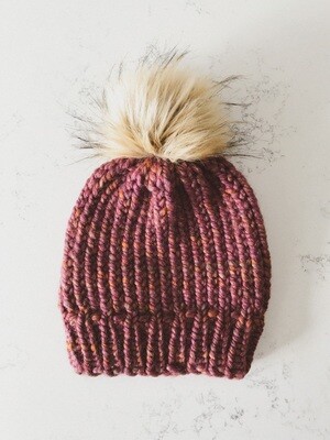 Youth Beanie | Toque w/ Faux Natural Sewn On Pom - Crushed Violets