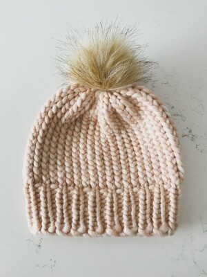 Beanie | Toque w/ Snap On|Off Tan Faux Pom - Blush & Cream Roving (Limited Edition)
