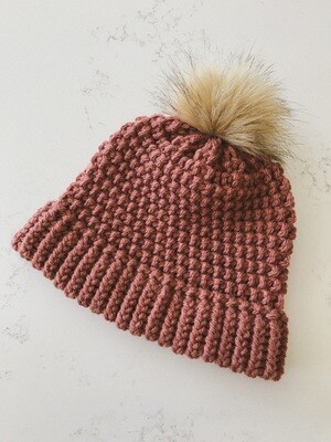 Doubled Brim Popcorn Beanie | Toque w/ Snap On|Off Tan Faux Pom - Love Song